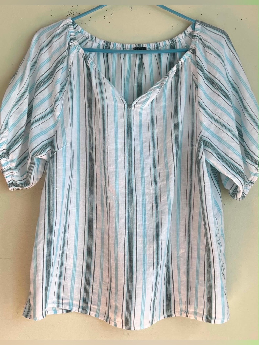 Talbots White Striped Blouse with Teal and Gray Accents